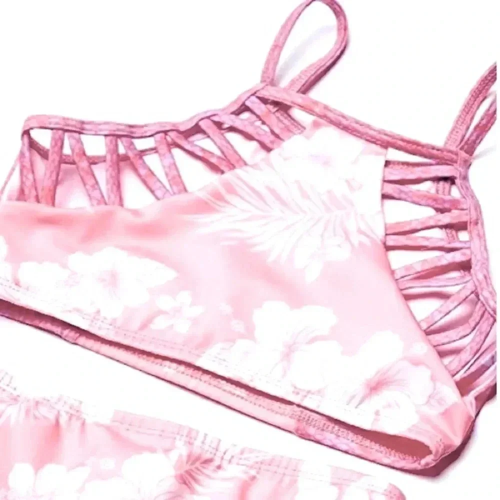 Heart & Harmony Tropical Floral Pink Snake Print Bikini Top Girl’s 16 XS